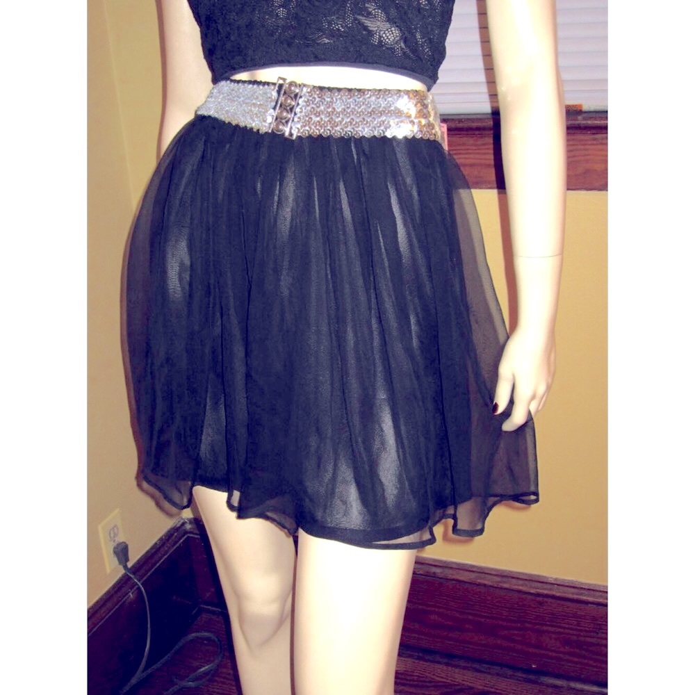 Vintage 80s Gothic Glam Sheer Black Chiffon Mini Skirt